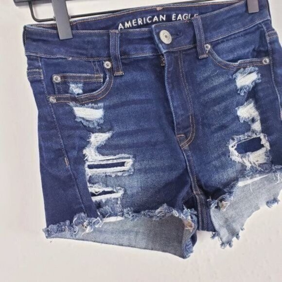 American Eagle Dark Wash High Rise Shortie Shorts Distressed High Waisted Dark 0 - Picture 2 of 10